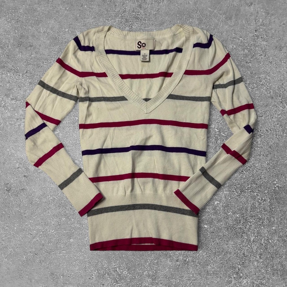 SO Clothing Womens Small Striped V-Neck Cotton Blend Knit Sweater Cream Pink Y2K